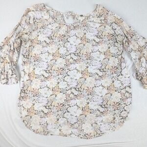 Cupio Blush Floral Ruffle Bell Sleeve Boho Blouse XL Tan Lavender Cream Rayon